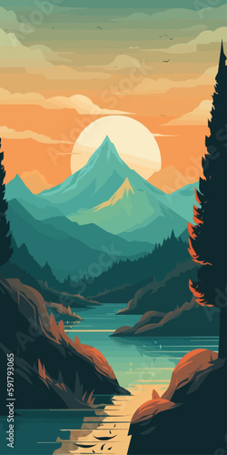 Mountain peak landscape with soft sunset light. Flat 2d vector illustration