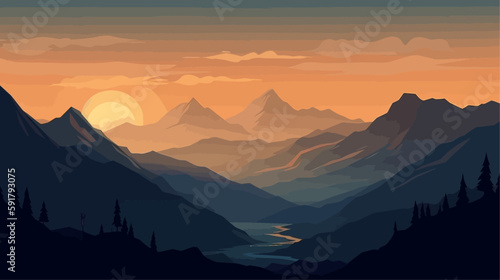 Fototapeta Naklejka Na Ścianę i Meble -  Mountain peak landscape with soft sunset light. Flat 2d vector illustration