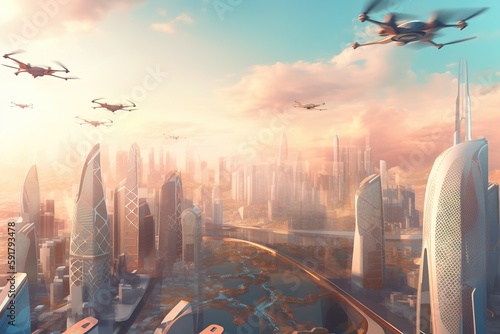 A futuristic cityscape with cutting-edge architecture, autonomous vehicles, and a network of drones and robots powered by clean, renewable energy sources © EOL STUDIOS