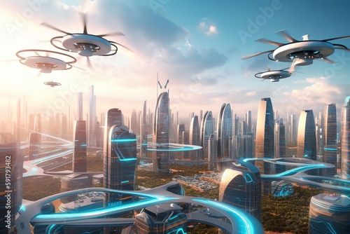 A futuristic cityscape with cutting-edge architecture, autonomous vehicles, and a network of drones and robots powered by clean, renewable energy sources