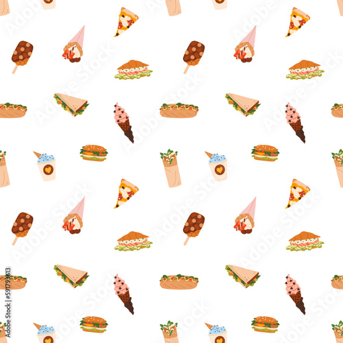 Seamless pattern, street fast food repeating print. Takeout snacks, sweet des...
