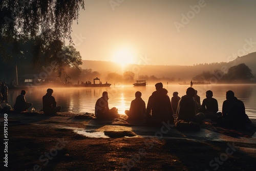 A harmonious scene of people from different cultures and age groups practicing yoga together at a serene lakeside location during sunrise © EOL STUDIOS