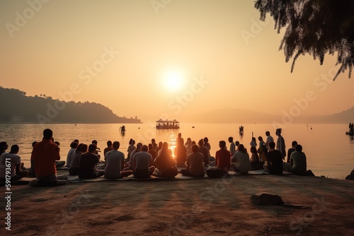 A harmonious scene of people from different cultures and age groups practicing yoga together at a serene lakeside location during sunrise