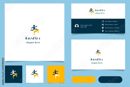 Hurdles logo design with editable slogan. Branding book and business card template.