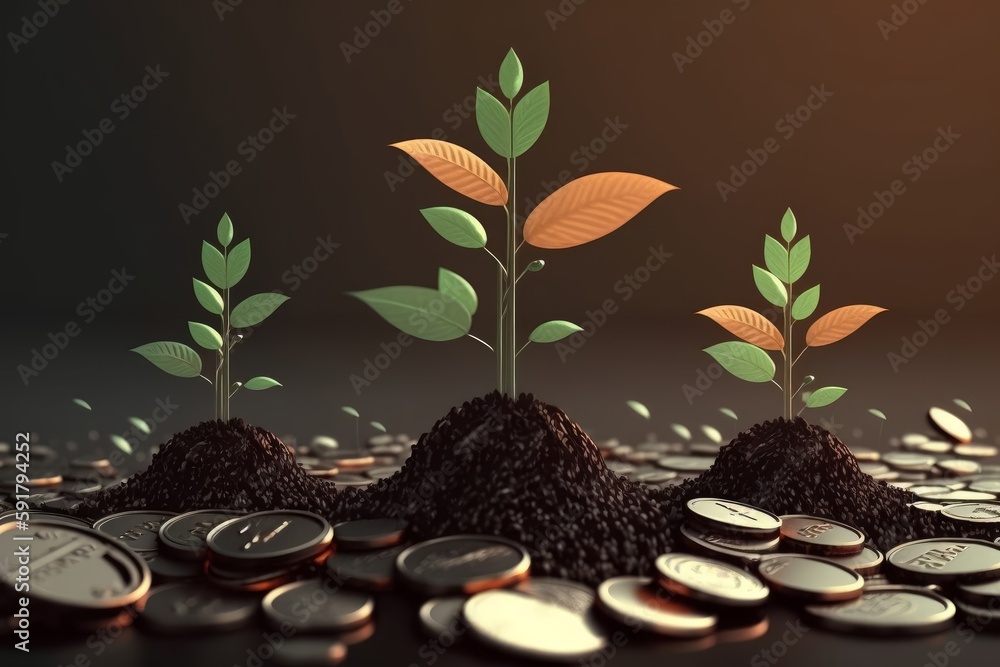 a row of stacks of coins with a plant growing out of them. Tree leaf on save money coins, Business finance saving banking investment concept. Generative AI a row of stacks of coins with a plant growing out of them. Tree leaf on save money coins, Business finance saving banking investment concept. Generative AI