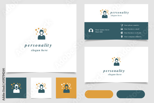 Personality logo design with editable slogan. Branding book and business card template.