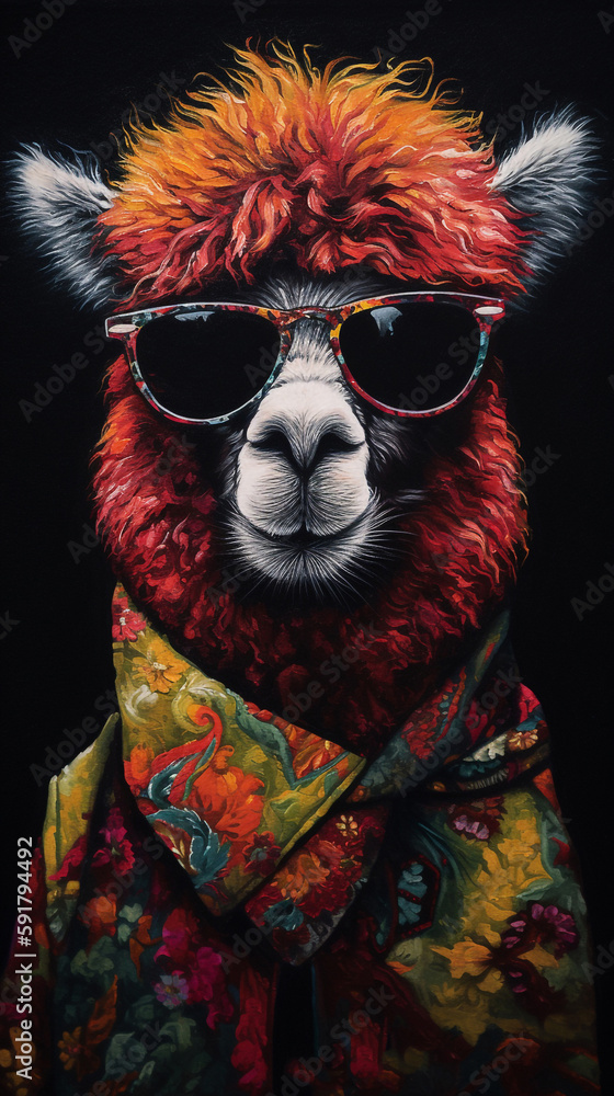 Anthropomorphic Alpaca Wearing Sunglasses On A Black Background With Colorful Dress In Painting Style Generative Ai Digital Illustration Part#120423
