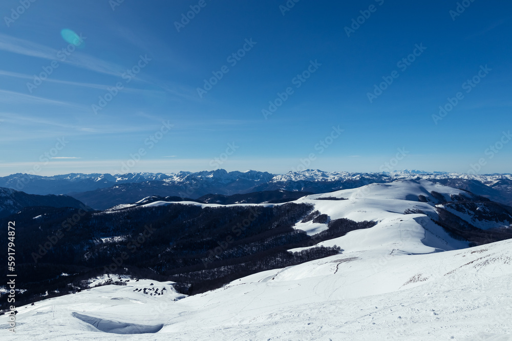 Snowy mountains, a magical view of the Dolomites, the pearl of the Alps.