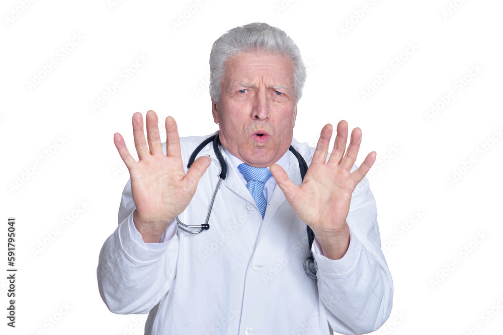 portrait of senior male doctor with stethoscope is afraid portrait of senior male doctor with stethoscope is afraid
