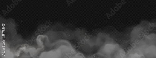Ash powder fog on black transparent background. Smoke cloud texture vector effect. Fog dust air illustration. Isolated realistic dark mist steam abstract design. Gray coal particle flow backdrop