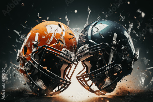 Two football helmets crashing into each other. The concept of rivalry on the field between two teams in American football. Generative ai photo