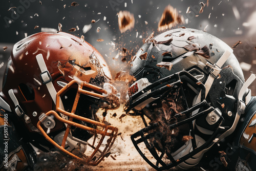 Two football helmets crashing into each other. The concept of rivalry on the field between two teams in American football. Generative ai