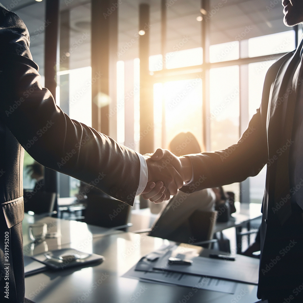 Fototapeta premium Business people, shaking hands and partnership at night for b2b, deal or corporate agreement at office. Employees handshake working late in collaboration, teamwork or welcome in hiring or recruitment