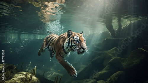 Tiger diving under water. Generative AI