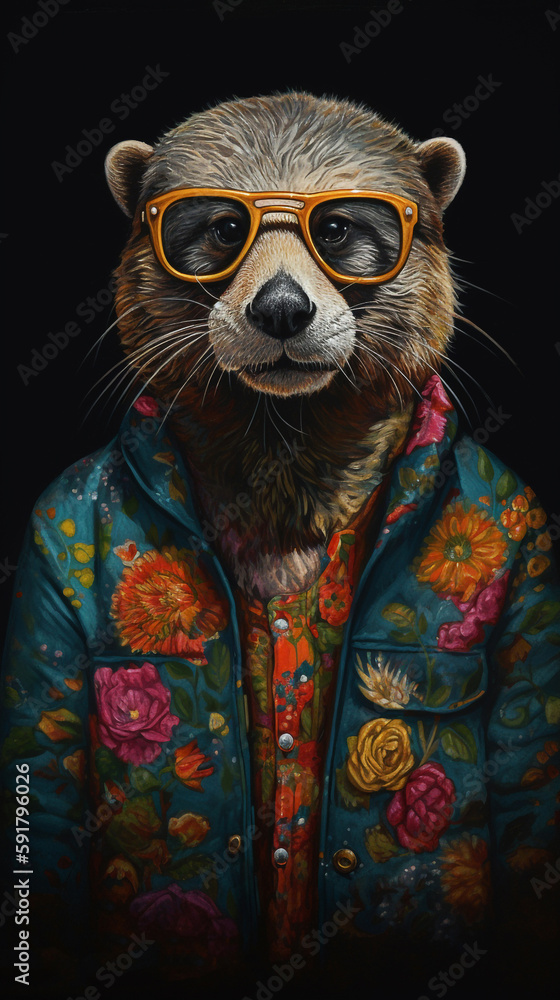Anthropomorphic Otter Wearing Sunglasses On A Black Background With Colorful Dress In Painting Style Generative Ai Digital Illustration Part#120423