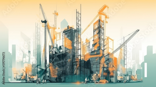 Silhouettes of construction workers against a background of cranes and buildings under construction. Illustration. Generative AI