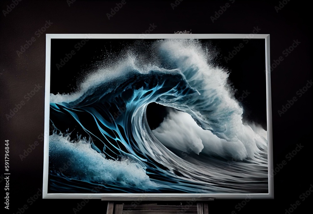 a painting of a blue and white wave in the ocean with a black ...