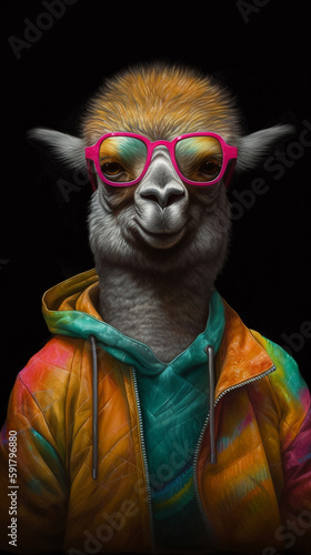 Anthropomorphic Vicuña Wearing Sunglasses On A Black Background With Colorful Dress In Painting Style Generative Ai Digital Illustration Part 120423 © Cool Patterns