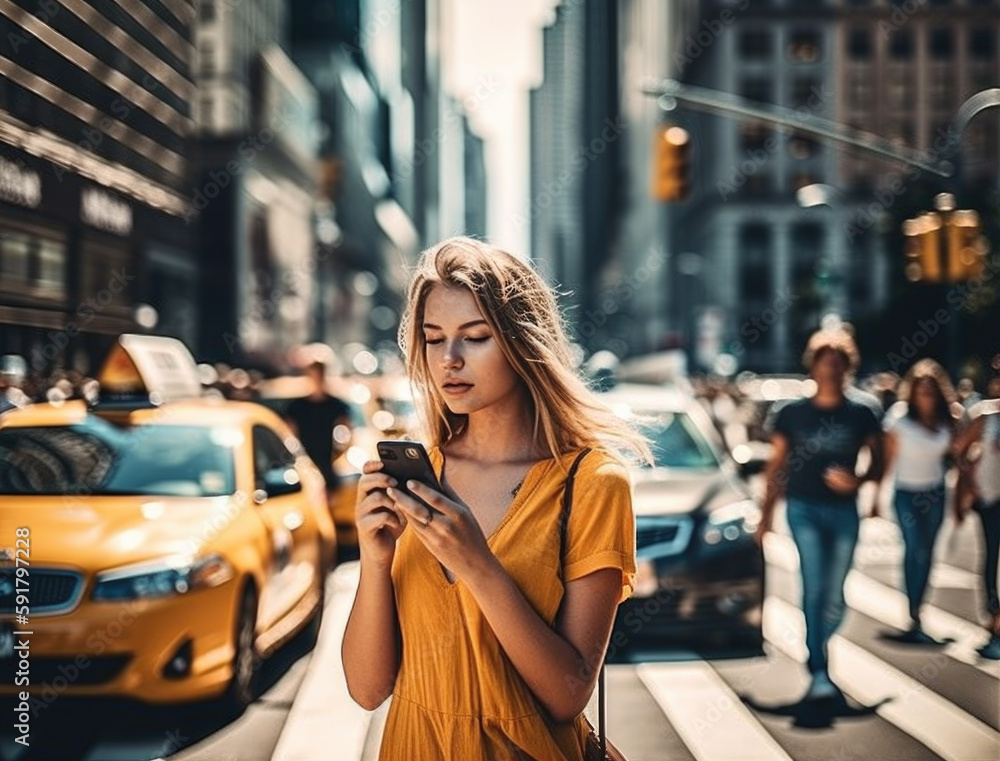 Fototapeta premium Young beautiful woman holding a smart phone in her hand, generative ai