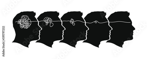 The concept of psychotherapy is represented by the silhouette of a human head, symbolizing a normal state of mind, and the solution to untangling the confused and tangled knot of the brain. 