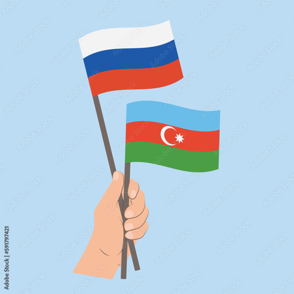 Flags of Russia and Azerbaijan, Hand Holding flags Flags of Russia and Azerbaijan, Hand Holding flags