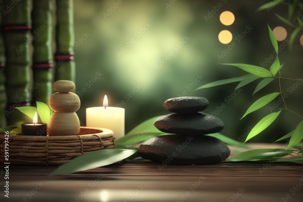 spa and wellness concept. stack of massage stones and towels with green plant on white wooden table. Generative AI spa and wellness concept. stack of massage stones and towels with green plant on white wooden table. Generative AI