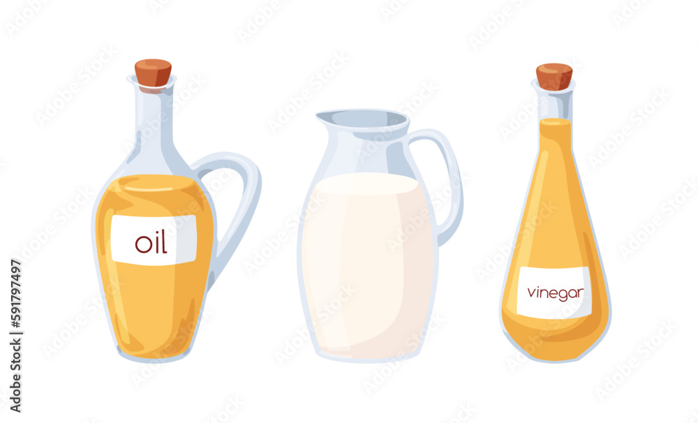 Oil, milk, vinegar in glass jugs set. Liquid cooking ingredients in transparent bottles, pitchers. Culinary baking essences in storage vessels. Flat vector illustrations isolated on white background Oil, milk, vinegar in glass jugs set. Liquid cooking ingredients in transparent bottles, pitchers. Culinary baking essences in storage vessels. Flat vector illustrations isolated on white background