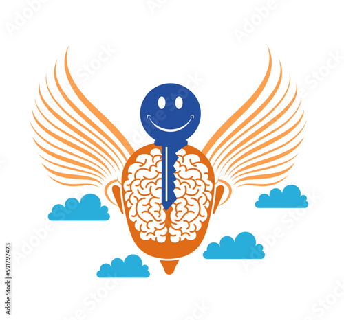 The key to happiness is to embrace mindfulness, which is symbolized by feeling weightless and soaring high amidst the clouds and clear skies.