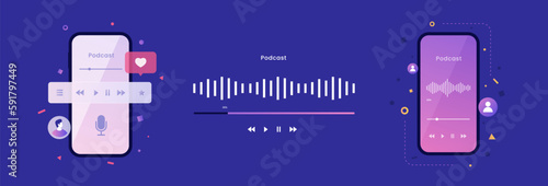 Mobile phone screens with sound wave equalizer. Podcast or online broadcast theme in flat style. Modern vector illustration isolated on blue background.