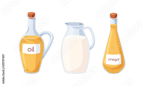 Oil, milk, vinegar in glass jugs set. Liquid cooking ingredients in transparent bottles, pitchers. Culinary baking essences in storage vessels. Flat vector illustrations isolated on white background