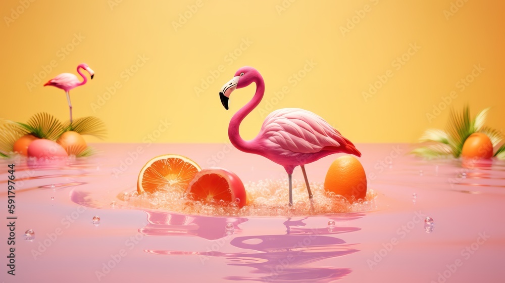 Obraz premium a flamingo in a tropical summer beach setting - summer beach vibes concept