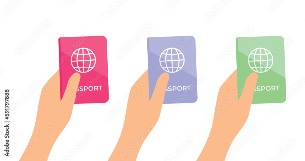 Set of hand holding passport. Vector illustration of a hand holding a passport, identity card. A set of hand holds a passport of different colors Set of hand holding passport. Vector illustration of a hand holding a passport, identity card. A set of hand holds a passport of different colors