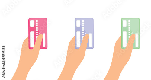Set of hand holding a credit card. Vector illustration of a hand holding a credit card. Plastic credit card in hand. Set of hand holding a credit card in different colors
