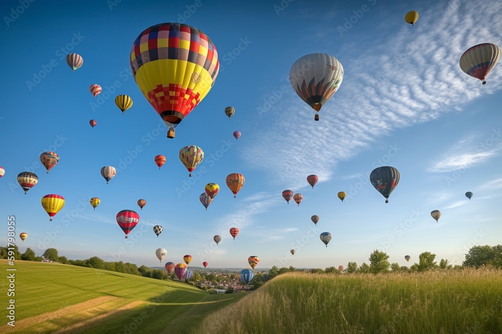 Obraz premium Himmelfahrt Adventure: Hot Air Balloons Against a Backdrop of Greenery and Rolling Hills