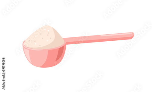 Full measuring spoon of sugar heap. Sweet cooking baking ingredient pile in kitchen measurement scoop, ladle tool. Adding spoonful sweetener. Flat vector illustration isolated on white background