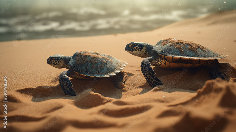 Obraz premium turtle running on the beach to the sea. Generative AI