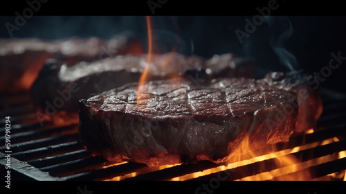 Tasty beef steaks and skewers flying above cast iron grate with fire flames. Generative AI