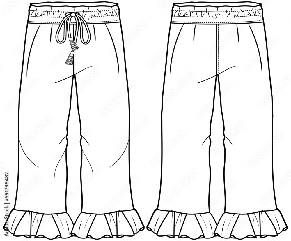 girls drawstring waist ruffle hem flare pants flat sketch vector