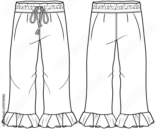 girls drawstring waist ruffle hem flare pants flat sketch vector illustration technical cad drawing template