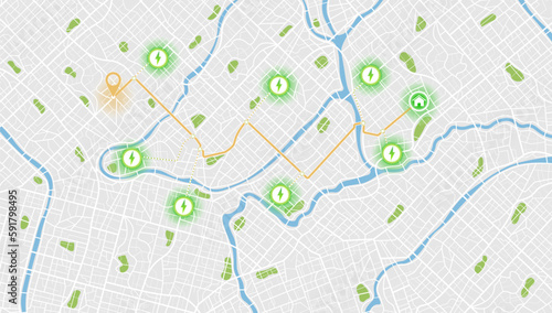 Location tracks dashboard. Path turns and destination tag or mark. Huge city top view. Tracking path and route planning from home to office. Determining location on the plan of abstract city.