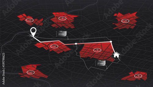 Isometric closed area, district, road. Gps map navigation to own house. Detailed view of city. Decorative graphic tourist map. Urban highway plan. Destination tag or mark.