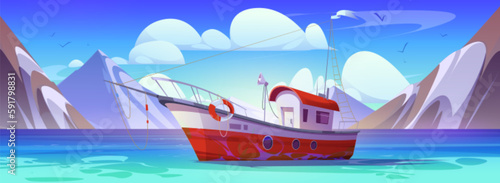 Fisher boat in sea vector cartoon illustration scene. Lake nature with vessel catching fish process marine background. Beautiful calm nautical northern horizon view with mountain ridge peak.