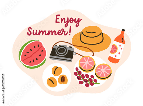 Enjoy Summer, holiday composition with picnic food, refreshing fruits and drink, camera. Summertime vibe, snacks, hat, refreshment lemonade. Flat vector illustration isolated on white background