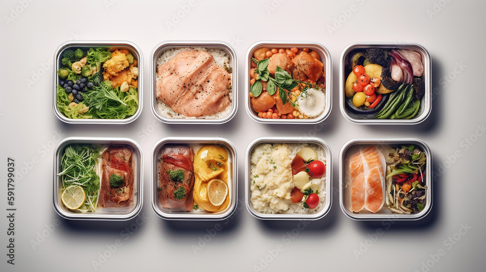 Collection of take away foil boxes with healthy food. Generative AI Collection of take away foil boxes with healthy food. Generative AI