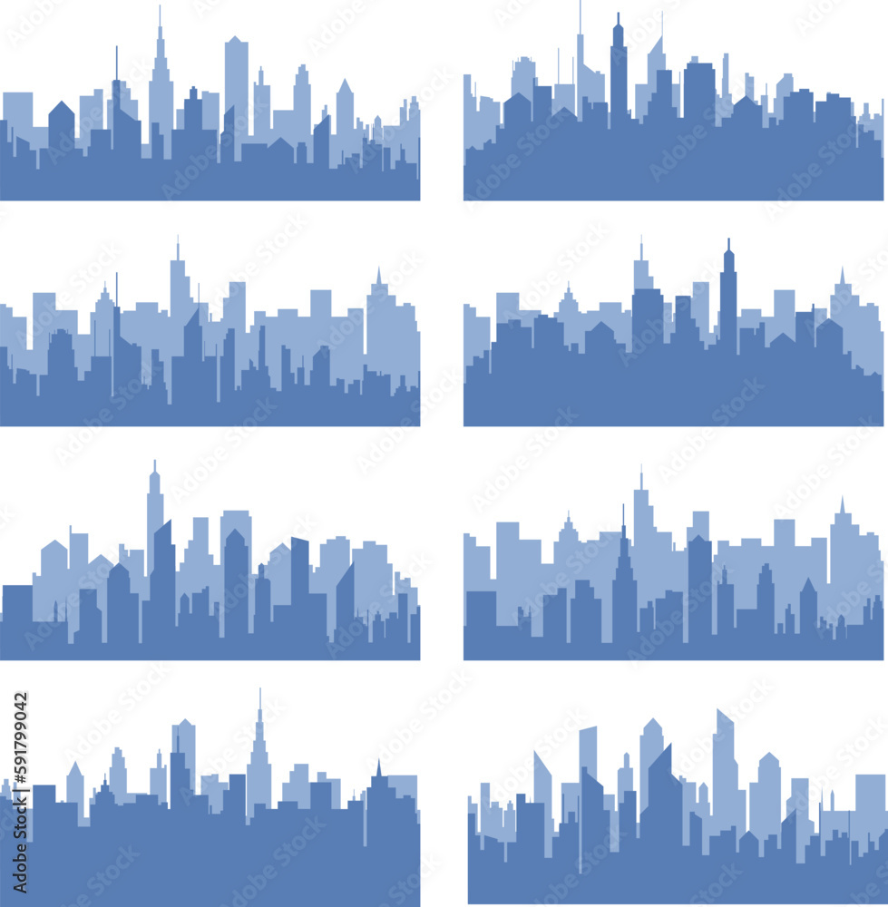 Modern city scape silhouette vector collection. Simple minimalist blue city skyline background. Urban cityscape silhouettes vector illustration.