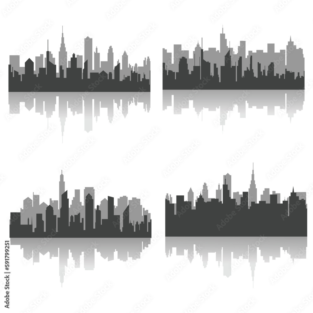 Modern city scape silhouette vector collection. Urban cityscape silhouettes vector illustration. Night town skyline or black city buildings isolated on white background