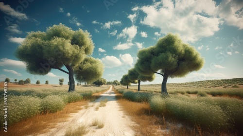 dirt road in Provence, a tree-lined driveway, small country lane in French Riviera, sunny landscape, AI  photo
