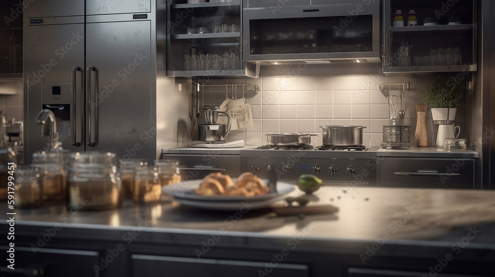 Modern shiny kitchen with stainless still kitchenware and equipment for restaurant. Generative AI