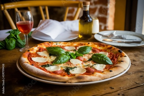 Delicious pizza on the table in a restaurant Italian, Generative Ai