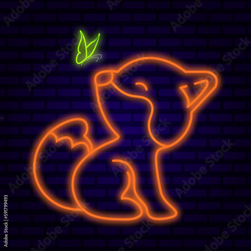 neon fox with butterfly on dark brick background